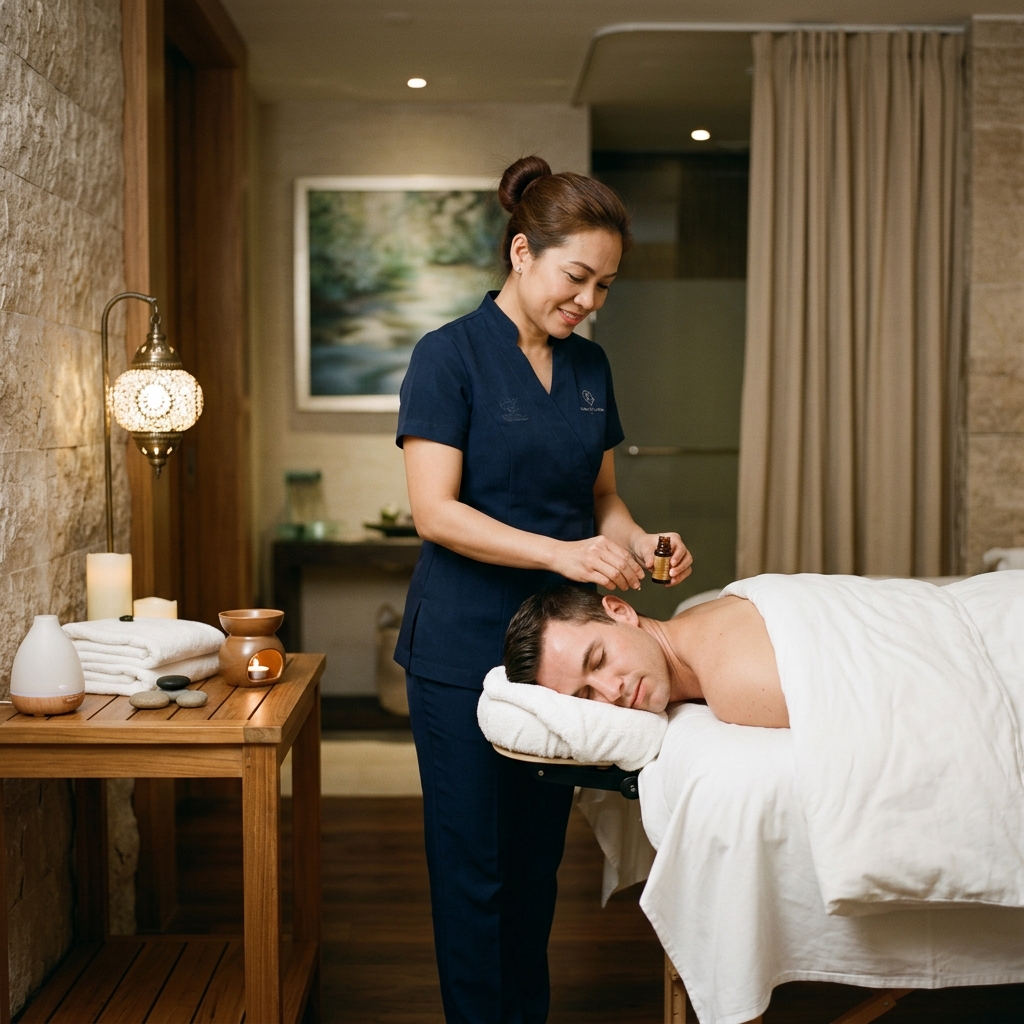 Certified female therapist preparing a massage session for a male client at A1 Beauty Spa in Miyapur
